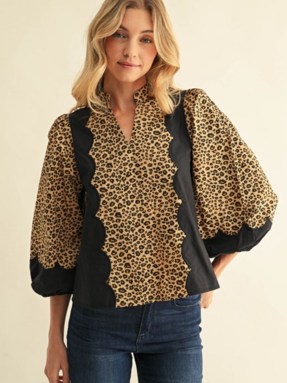 Leopard Print Puff Sleeve Blouse with Black Scalloped Panels
